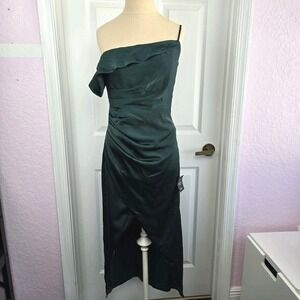 Lulus‎ Asymmetrical Tulip Midi Dress Size S Emerald Green Showing Off A Little